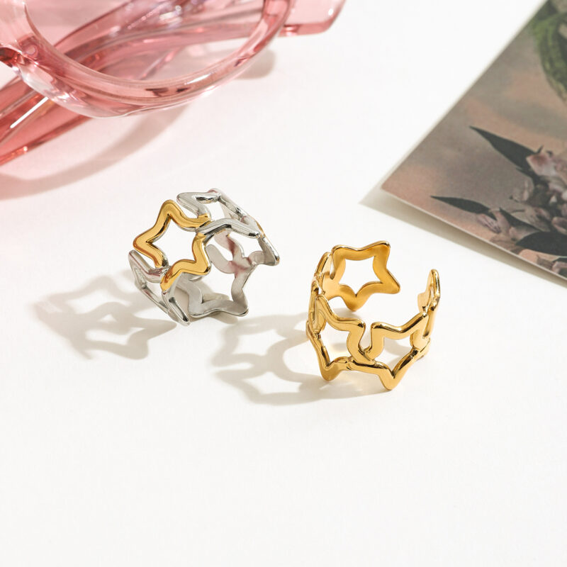 18K Gold Star Ring Adjustable Openwork Minimalist Jewelry - Image 3