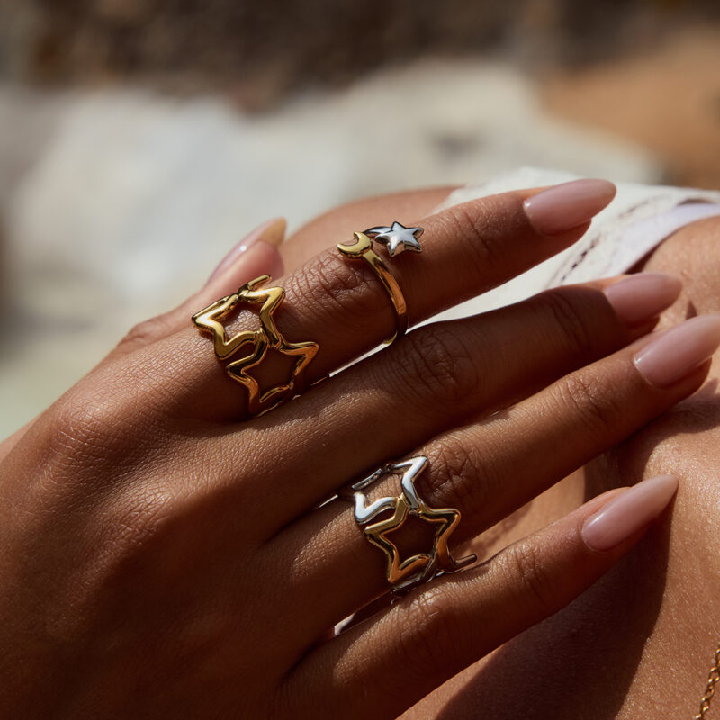 18K Gold Star Ring Two Tone Adjustable Cutout Minimal Style - Image 3
