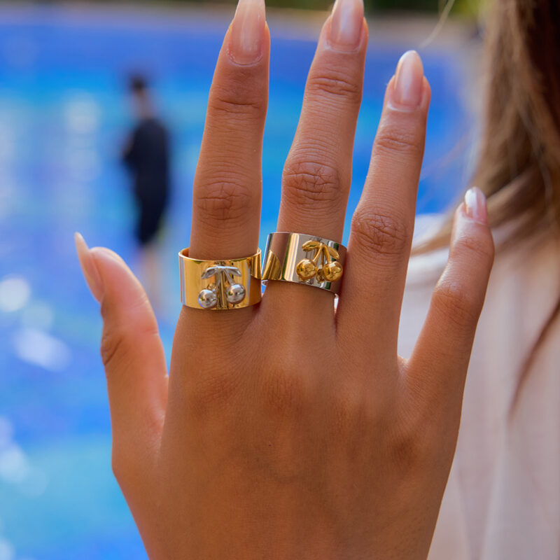 18K Gold Silver Cherry Ring Wide Band Polished Sweet Style - Image 3
