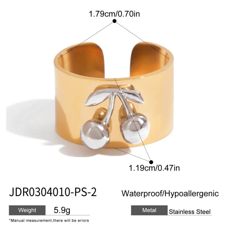 18K Gold Silver Cherry Ring Wide Band Two Tone Romantic Style - Image 5
