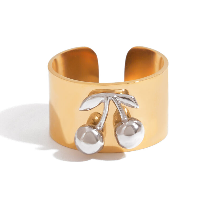 18K Gold Silver Cherry Ring Wide Band Two Tone Romantic Style