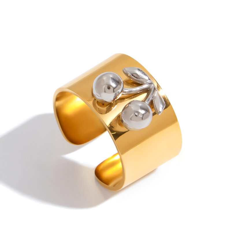 18K Gold Silver Cherry Ring Wide Band Two Tone Romantic Style - Image 2