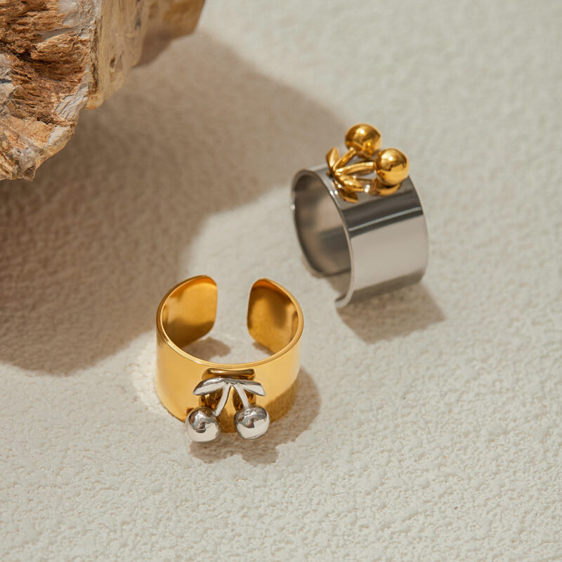 18K Gold Silver Cherry Ring Wide Band Two Tone Romantic Style - Image 3