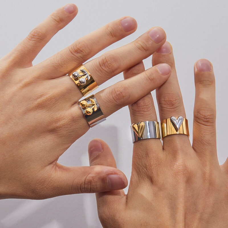 18K Gold Silver Cherry Ring Wide Band Two Tone Romantic Style - Image 4