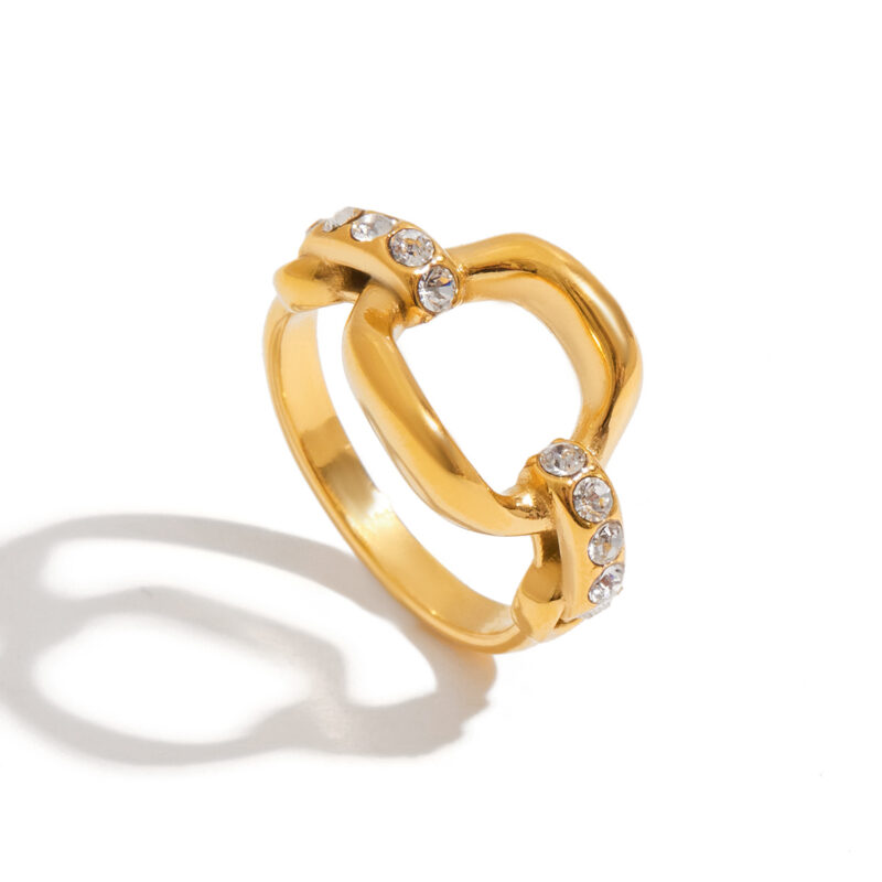 18K Gold Zircon Ring Open Circle Cutout White Stone Design
