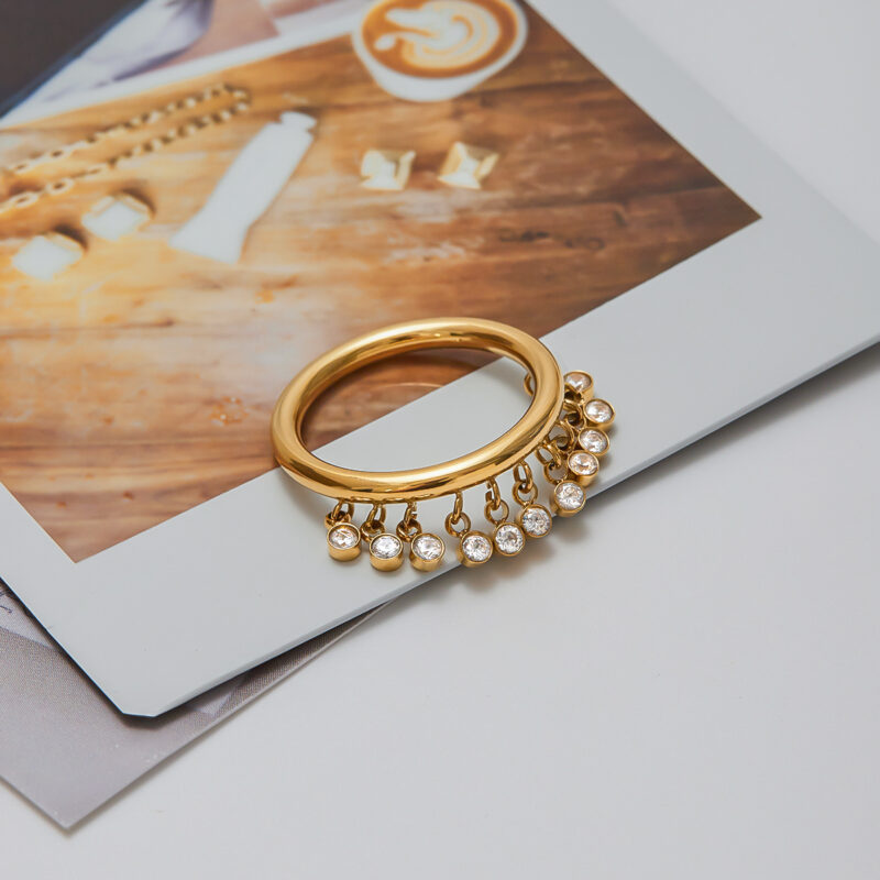 18K Gold Zircon Tassel Ring White Round Stone Minimalist - Image 2