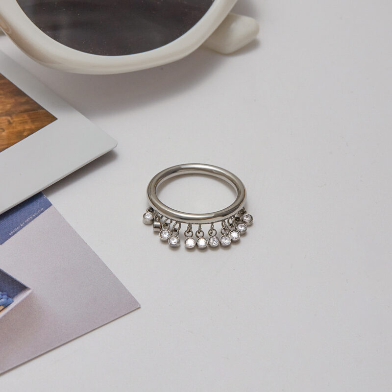 Steel Zircon Tassel Ring White Round Stone Minimalist Style - Image 2
