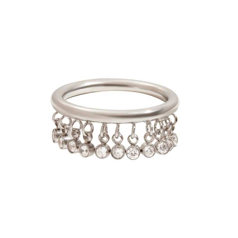 Steel Zircon Tassel Ring White Round Stone Minimalist Style