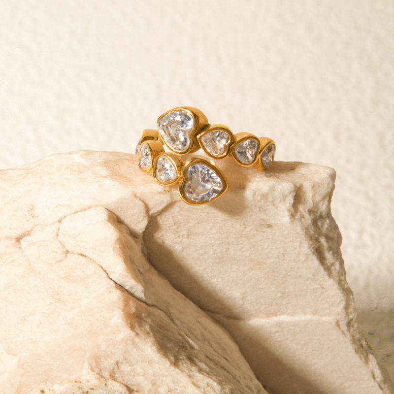 18K Gold Stainless Steel Criss-Cross Open Ring with Heart-Shaped Zircon - Image 2