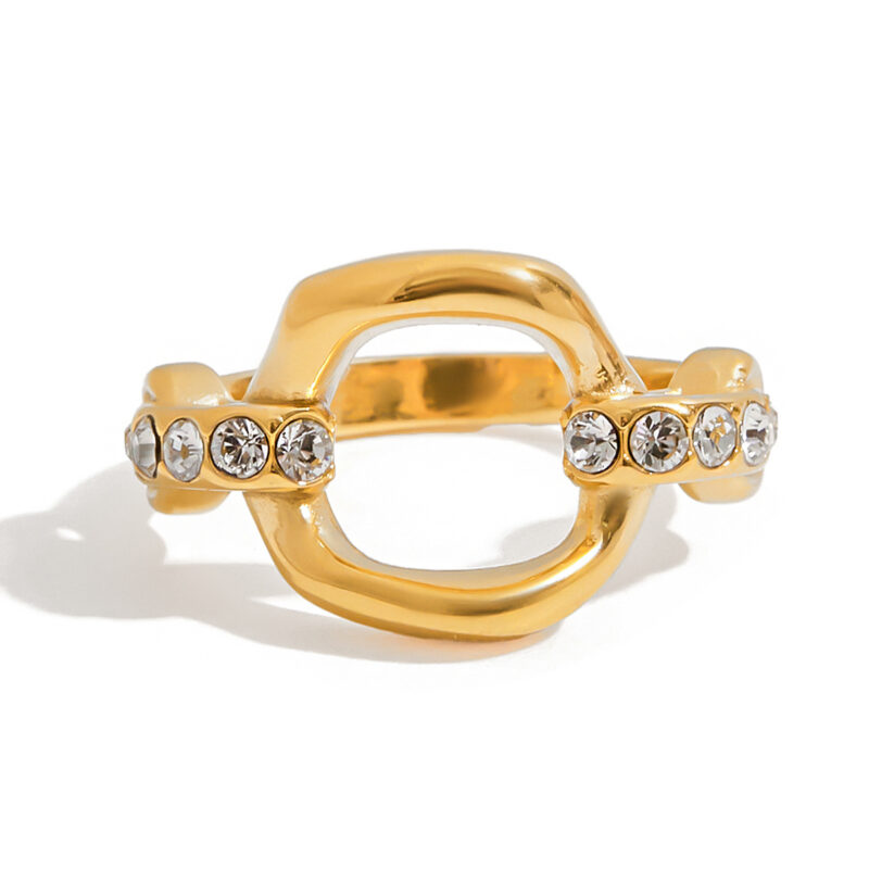 18K Gold Zircon Ring Open Circle Cutout White Stone Design - Image 2