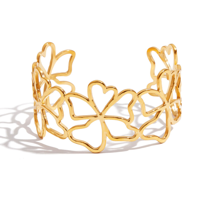 18K Gold Floral Cutout Bangle Open Minimalist Cuff Bracelet - Image 2