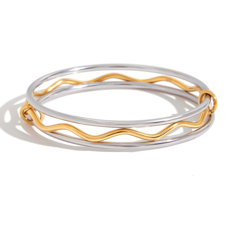 18K Gold Silver Bangle Minimalist Round Wave Layer Design