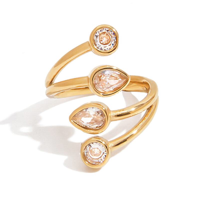 18K Gold Zircon Ring Teardrop Round Minimalist Open Design