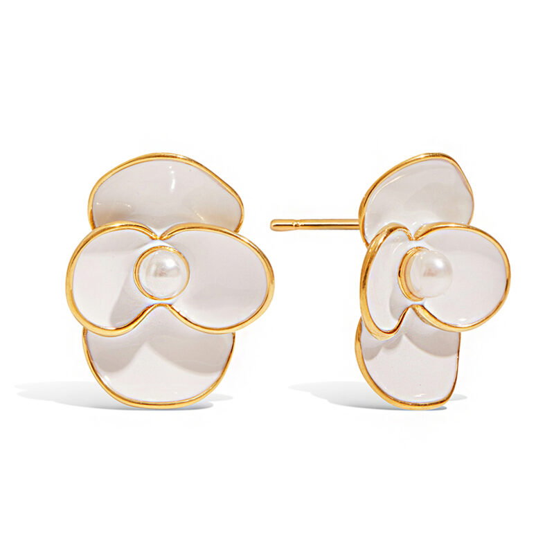 18K Gold Flower Earrings White Enamel Four Petal Drop Style