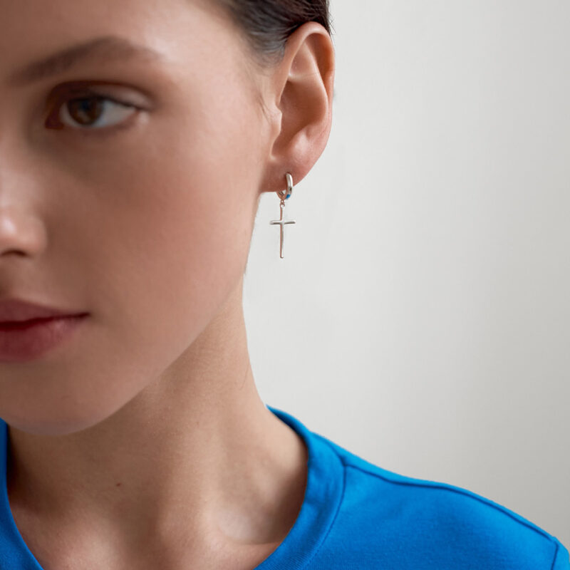 18K Gold Cross Pendant Drop Earrings - Image 2