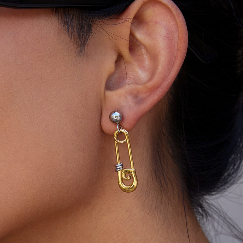 Gold Silver Pin Pattern Hoop Earrings - Image 3