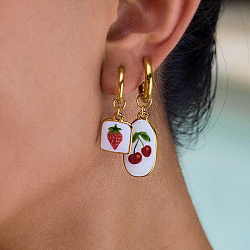 Romantic Gold Enamel Strawberry Print Earrings - Image 3