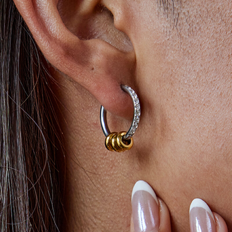 Gold Silver White Diamond Gold Circle Earrings - Image 2