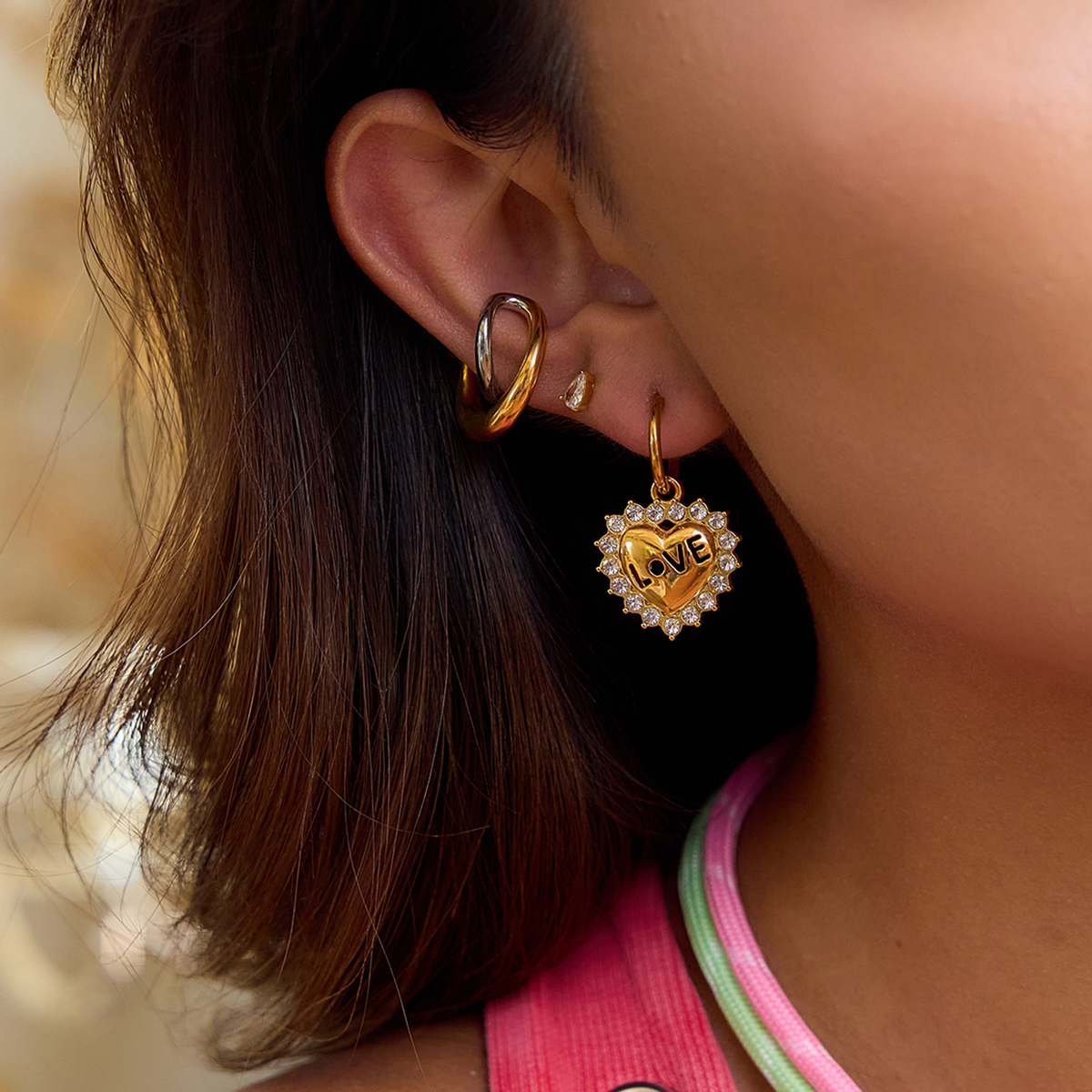 Gold Stainless Steel White Diamond Love Pendant Earrings - Image 2