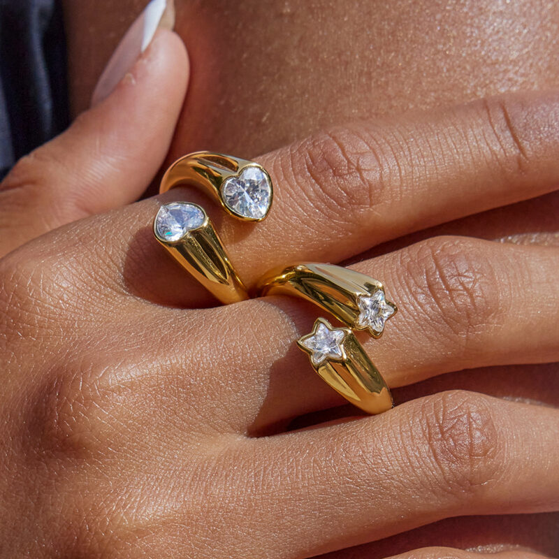 Gold Stainless Steel White Heart Zirconia Ring - Image 3