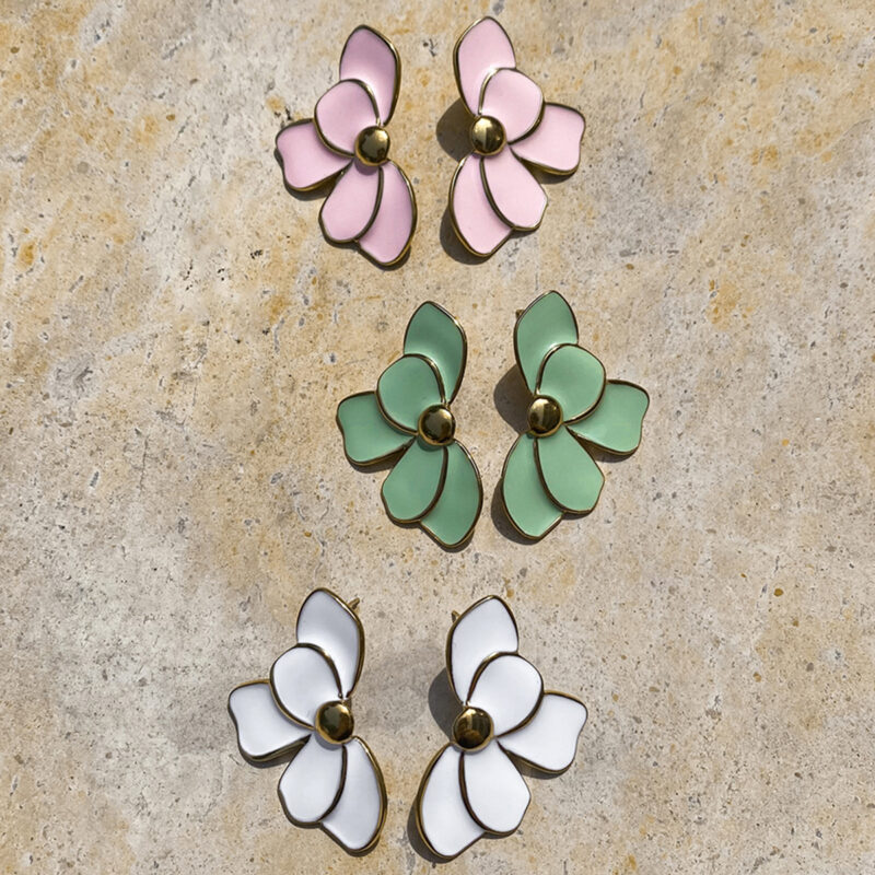 Green Enamel Flower Earrings Gold Plated - Image 3