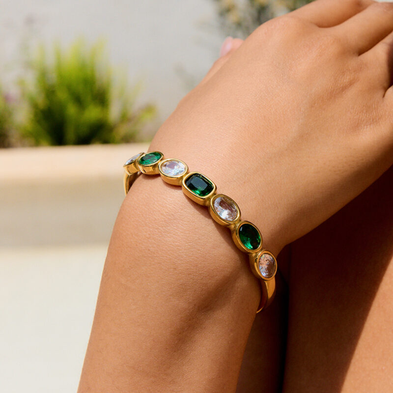 Open Bangle with Green & White CZ, 18K Gold - Image 4