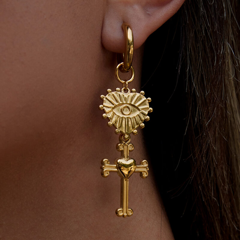 Heart Devil Eye Cross Pendant Earrings - Image 3
