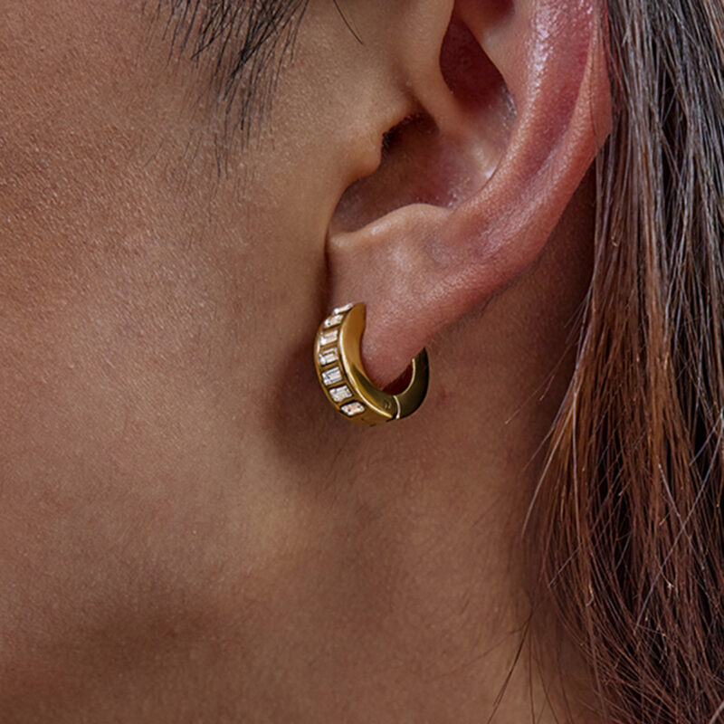 Gold Stainless Steel White Square Diamond Earrings - Image 3