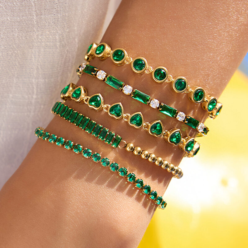 3MM Green CZ Tennis Chain Bracelet, 18K Gold - Image 2