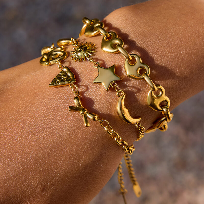 Romantic Gold Heart Croissant Pretzel Pizza Bracelet - Image 2