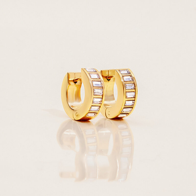 Gold Stainless Steel White Square Diamond Earrings - Image 4