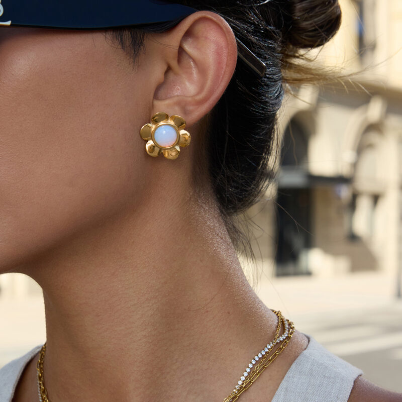 Gold Stainless Steel Opal Flower Earrings - Image 4