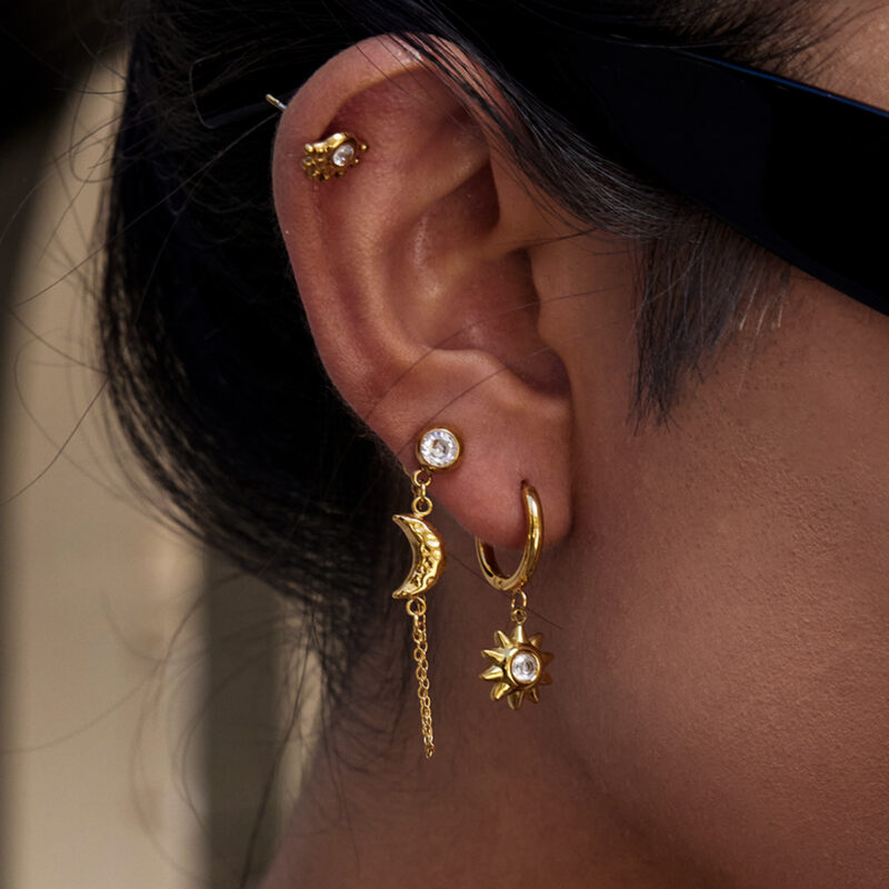 White Zircon Sun Moon Tassel Earrings - Image 2