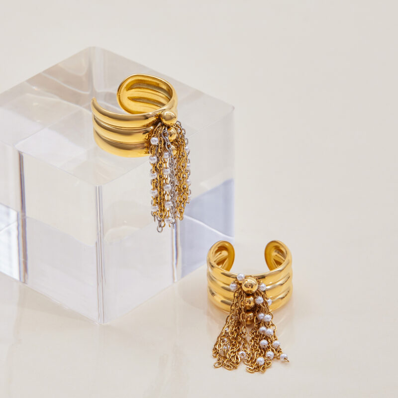Gold Silver Faux Pearl Tassel Ring - Image 4