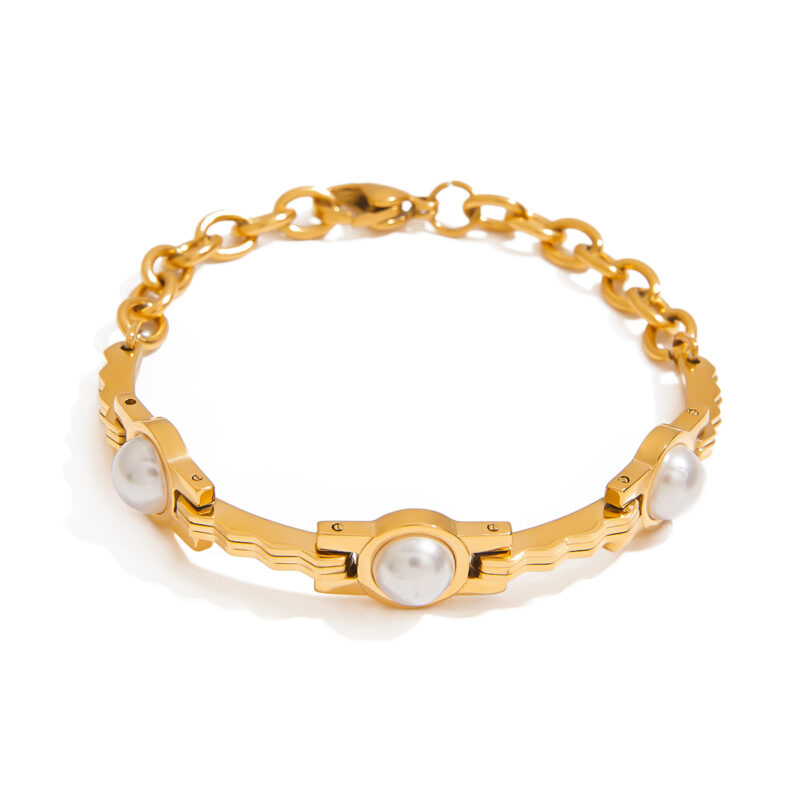French Vintage Pearl Chain Bracelet Gold Tone