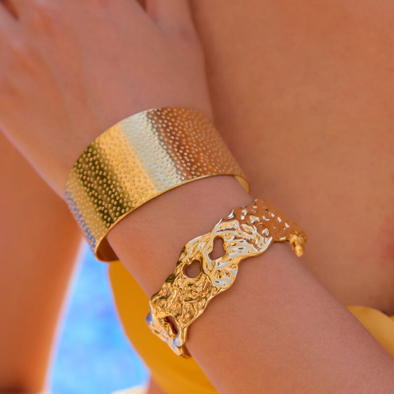 Wide Hammered Open Cuff Bracelet - Image 2