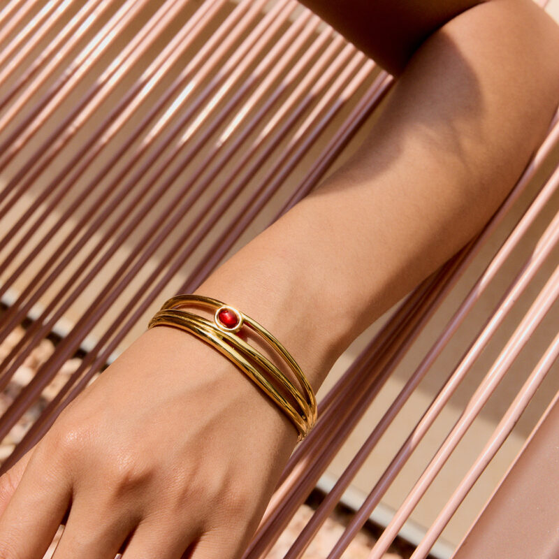 Triple-Layer Cuff with Red Natural Stone, 18K Gold - Image 3