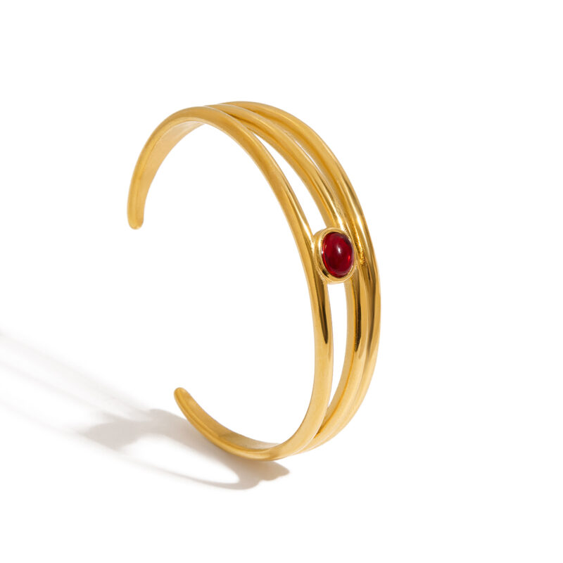Triple-Layer Cuff with Red Natural Stone, 18K Gold