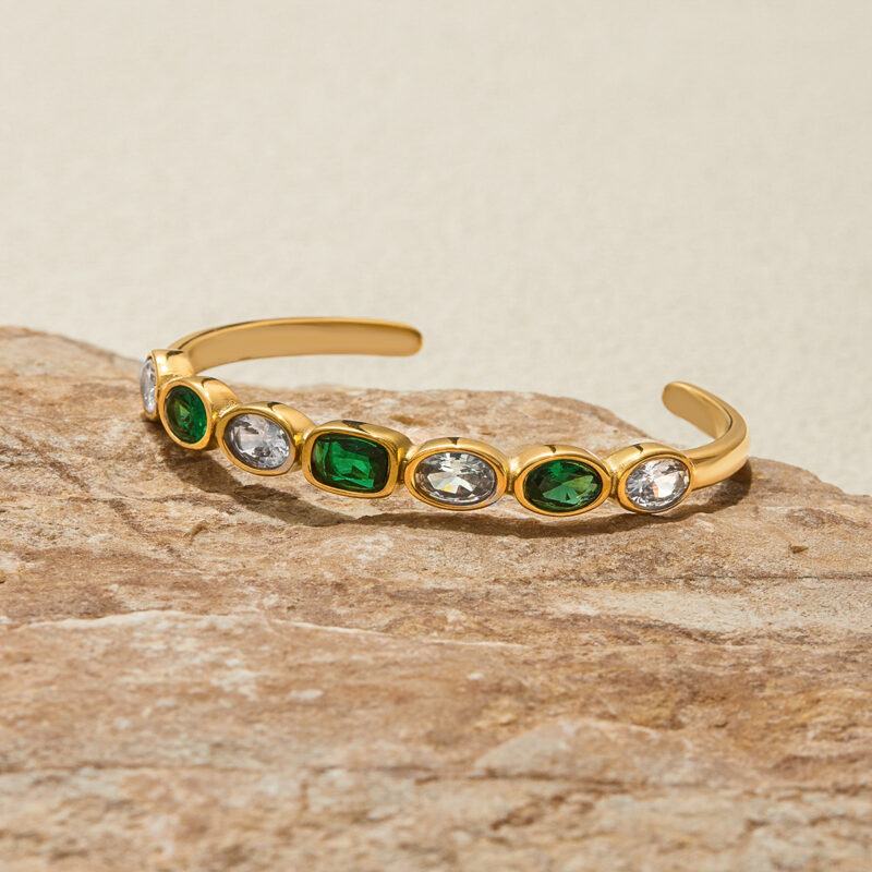 Open Bangle with Green & White CZ, 18K Gold - Image 3