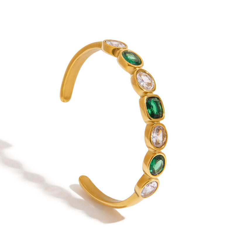 Open Bangle with Green & White CZ, 18K Gold