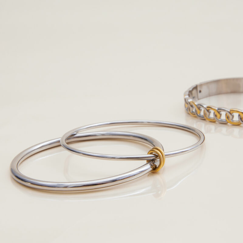Gold & Silver Bangle Set with Dual Hoops, 18K Gold - Image 3