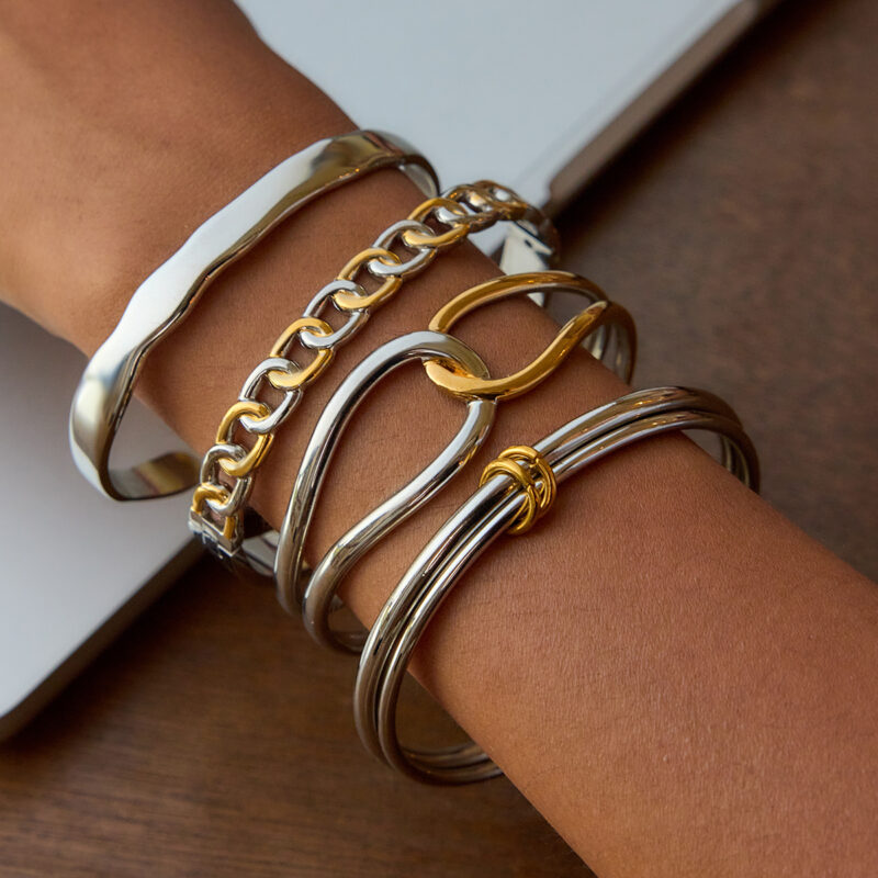 Gold & Silver Bangle Set with Dual Hoops, 18K Gold - Image 2