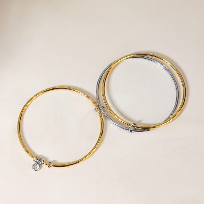 Gold & Silver CZ Bangle Set, 3PCS, 18K Gold Finish - Image 4