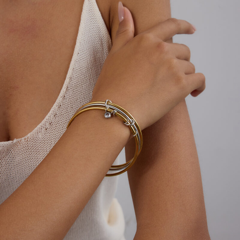Gold & Silver CZ Bangle Set, 3PCS, 18K Gold Finish - Image 3