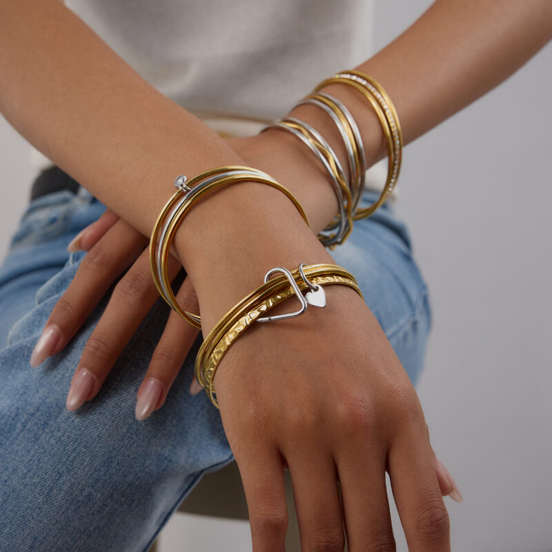 Gold & Silver CZ Bangle Set, 3PCS, 18K Gold Finish - Image 2