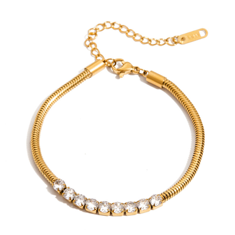 Gold Stainless Steel White Zircon Round Bracelet