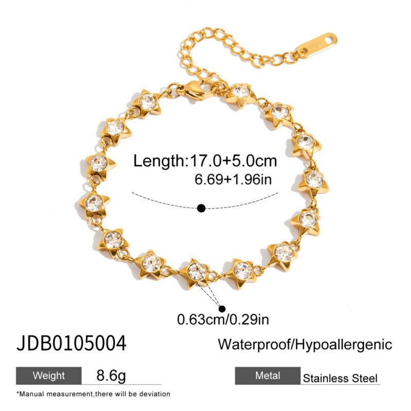 Gold Stainless Steel White Diamond Star Bracelet - Image 5