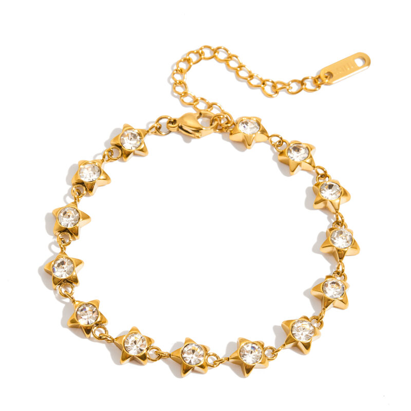 Gold Stainless Steel White Diamond Star Bracelet