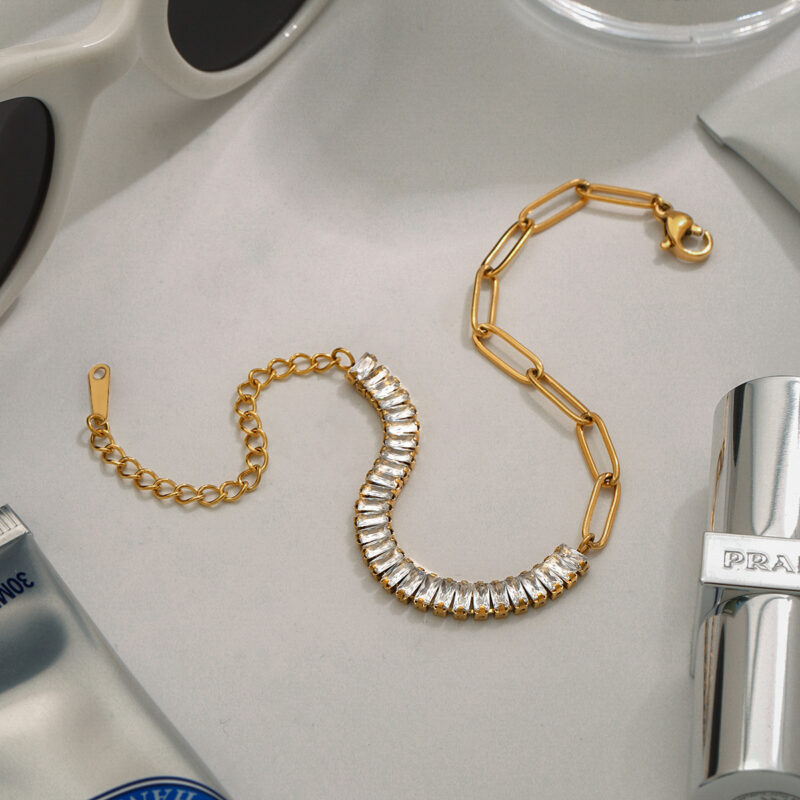 18K Gold SS Square CZ Paperclip Tennis Bracelet - Image 4