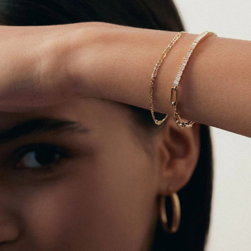 18K Gold SS Square CZ Paperclip Tennis Bracelet - Image 3